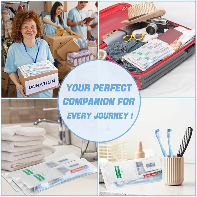 Pack of 100 Basic Toiletry Kits, Hygiene Kit Bulk, Individually Packed, Homeless Care Package Supplies Travel Size Toiletry Kit for Men Women Charity Reusable Toiletry Bag