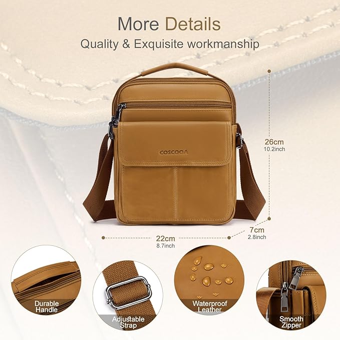 Men's Leather Crossbody Shoulder Bag - Messenger Satchel Travel Handbag