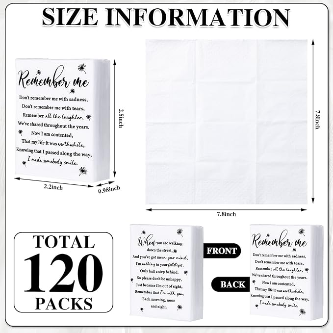 Sinmoe 120 Bulk Funeral Tissues Keepsakes Memorial Facial Pocket Tissues Favors Inspirational Poem 3 Ply Mini Travel Size Tissue Packs Memorial for Guests Relatives Family