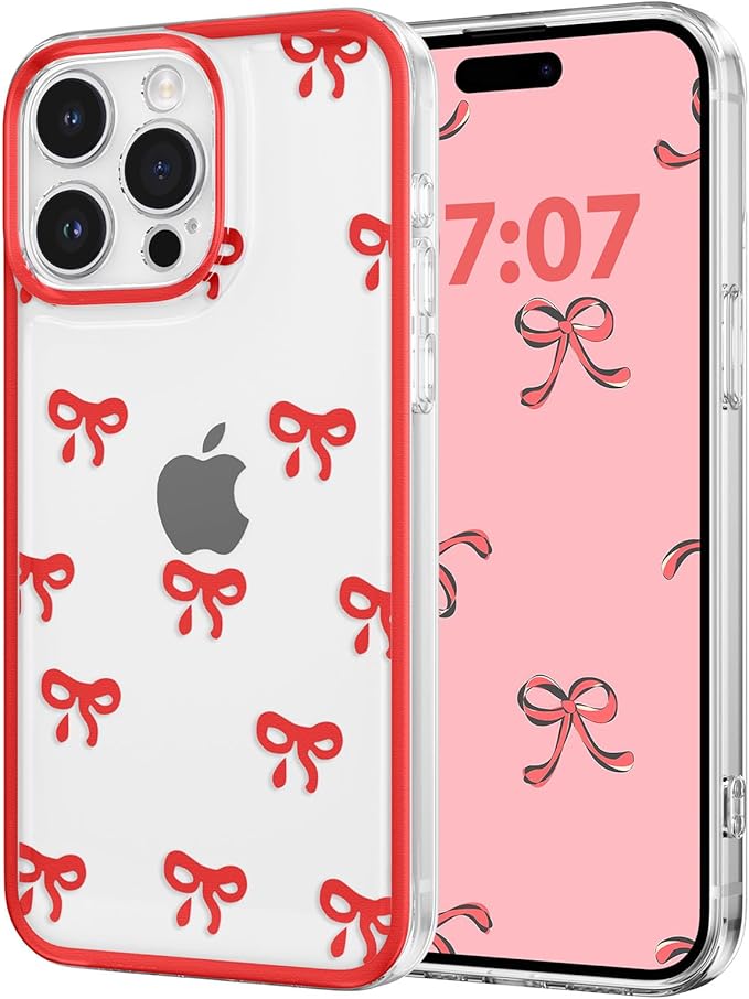 EYZUTAK Case for iPhone 14 Pro Max, Clear Cute Ribbon Bowknot Pattern Aesthetic Transparent Phone Case Raised Camera Protection Stylish Slim Soft Durable TPU Protective Cover for Women Girls - Red
