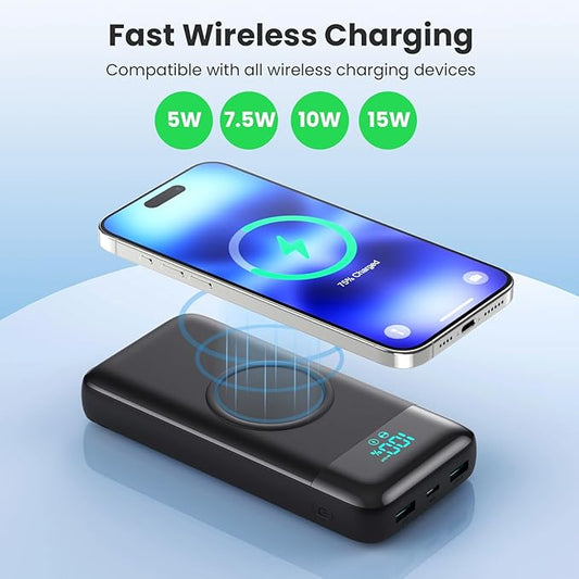 Wireless Portable Charger 40,800mAh with 3 Built-in Cables,15W Wireless Charging 25W PD QC4.0 Fast Charging USB-C Power Bank,7 Outputs LCD Display Battery Pack for iPhone 16/15/14/13/12,Android etc