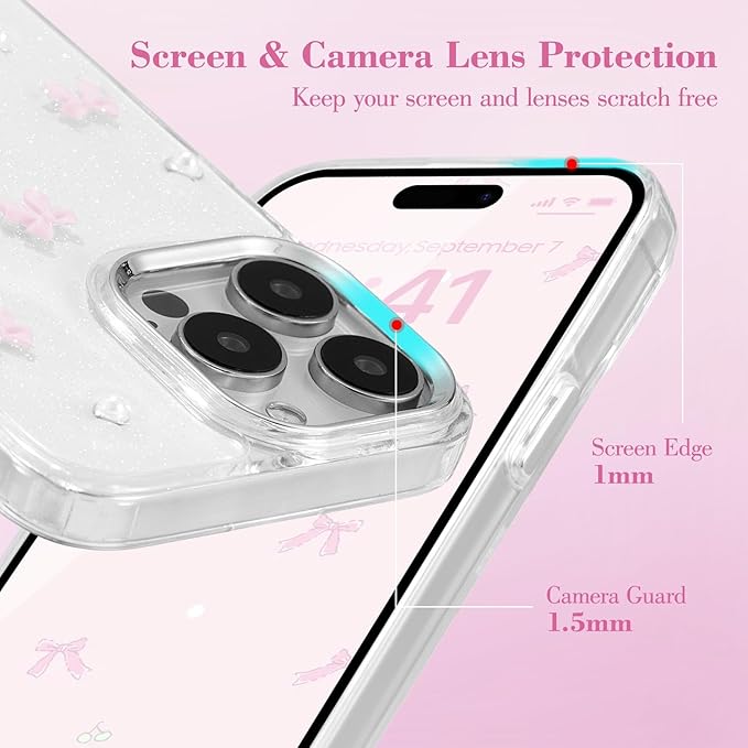 EYZUTAK Case for iPhone 15 Pro Max, Bling Glitter 3D Bowknot Phone Case Cute Sparkly Crystal Clear Bow Aesthetic Design Case Slim Soft Durable TPU Transparent Protective Cover for Women Girl-Pink Bow