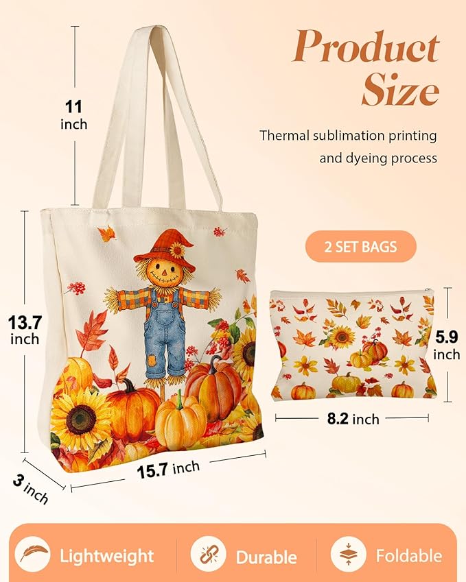 2 Pack Canvas Tote Bag - with Makeup Pouch Aesthetic Cute Women Reusable Canvas Bag for Shopping, Work, Travel