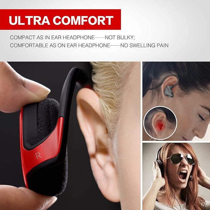 Small Bluetooth Headphones Wrap Around Head - Sports Wireless Headset with Built in Microphone and Crystal-Clear Sound, Foldable and Carried in The Purse, and 12-Hour Battery Life, Red