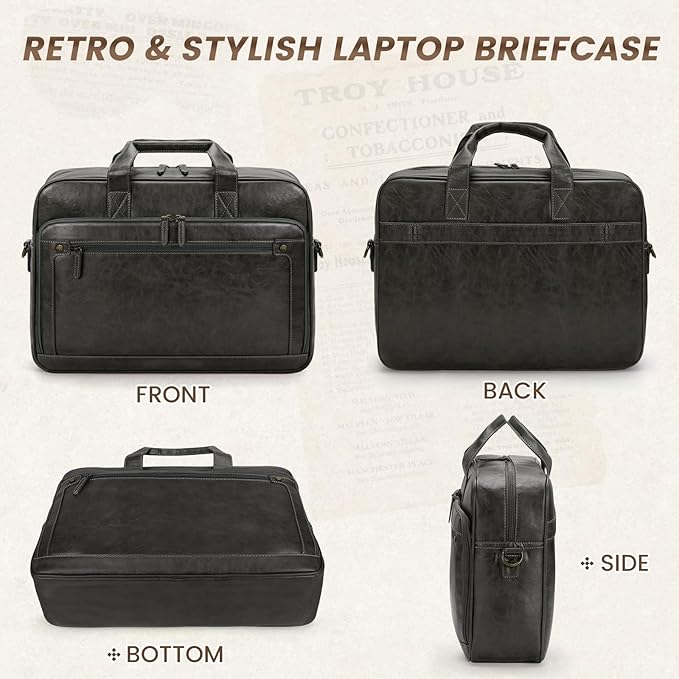 RAINSMORE Mens Laptop Bag 16 Inch Leather Briefcase Vintage Messenger Bag for Men Large Crossbody Shoulder Office Computer Bag Retro College Satchel for Work, Business,Travel, Grey
