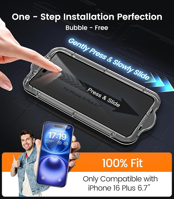 EZ-GLAZ- 4 Pack for iPhone 16 Plus Privacy Screen Protector [6.7"] With 2 Pack Camera Lens Protector, 9H+ Hardness 12FT Military Grade Shatterproof Durable Tempered Glass Film with Flawless Fit Kit