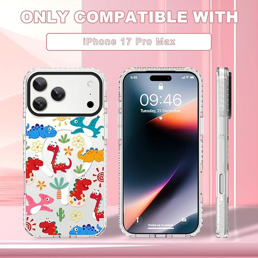 ZIYE Clear Case for iPhone 17 Pro Max Compatible with Magsafe, Funny Dinosaur Design Shockproof Soft TPU Bumper Hard PC Protective for Women Girls Magnetic Cover