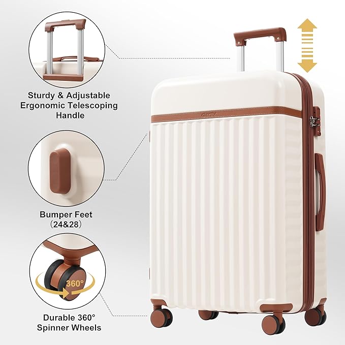Merax Luggage Sets 3 Piece, Durable Hardshell Suitcase with Double Spinner Wheels and Handle Bags,Lightweight Carry on Luggage with TSA Lock,20+24+28,White and Brown