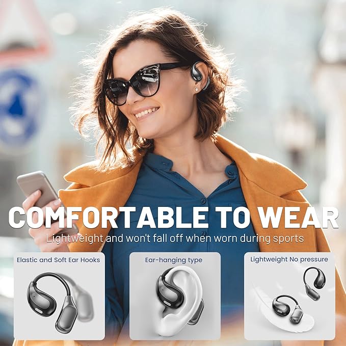 Open Ear Wireless Bluetooth Headphones, Sport Over Headset Built-in Mic, LED Display, Touch Control Earphones, IPX5 Waterproof for Sports Running Driving Cycling (Khaki)