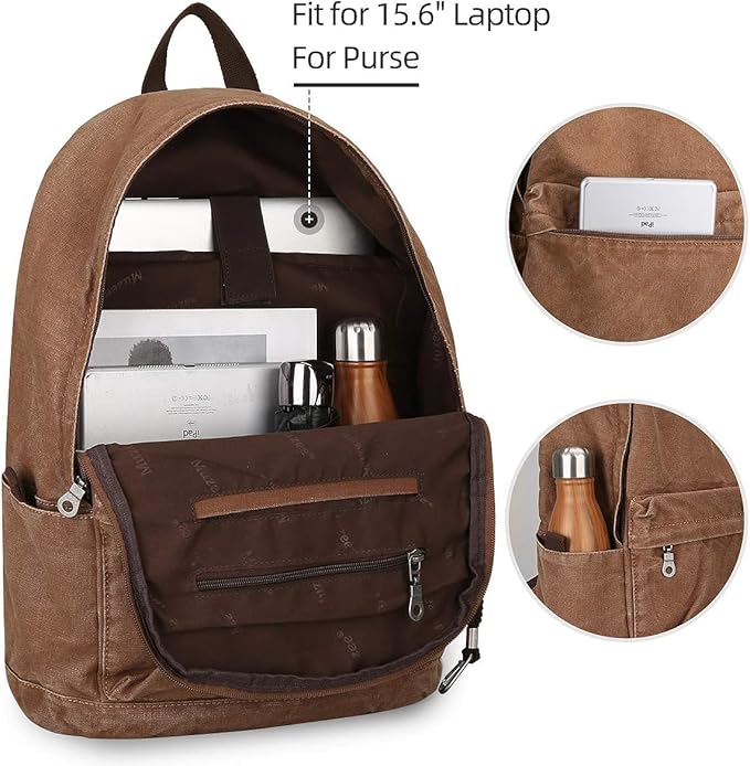 Muzze Canvas Backpack for Women and Men, Lightweight Classic Laptop Backpack with USB Charging Port for School, Travel and Daily Use, Khaki