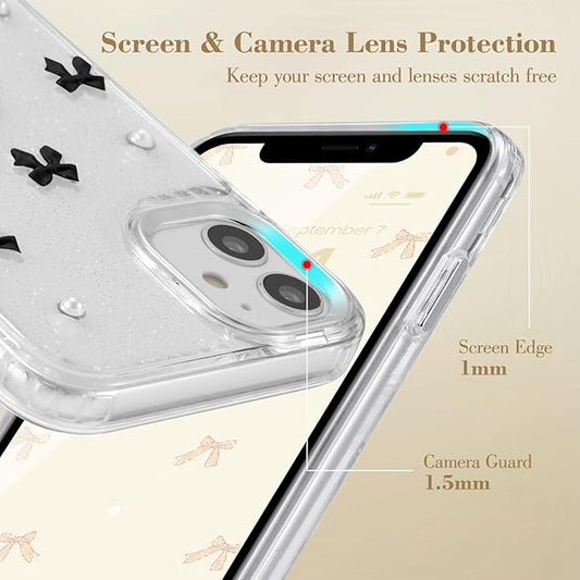 EYZUTAK Case for iPhone 11, Bling Glitter 3D Bowknot Phone Case Cute Sparkly Crystal Clear Bow Aesthetic Design Case Slim Soft Durable TPU Transparent Protective Cover for Women Girl - Black Bow