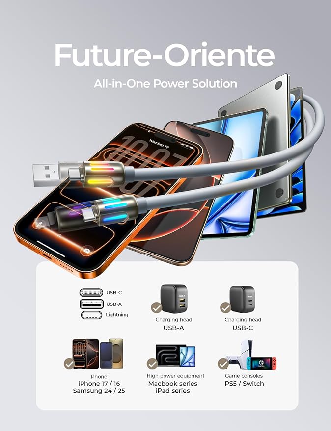 LISEN USB C to Lightning Cable, 240W 4 in 1 Charging Cable 6.6FT, Chubby USB A/C to C/Lightning with Light for iPhone Air 17 16 15 14 Pro/MacBook/iPad/Samsung/Switch 2, Multi Chargers for All Devices