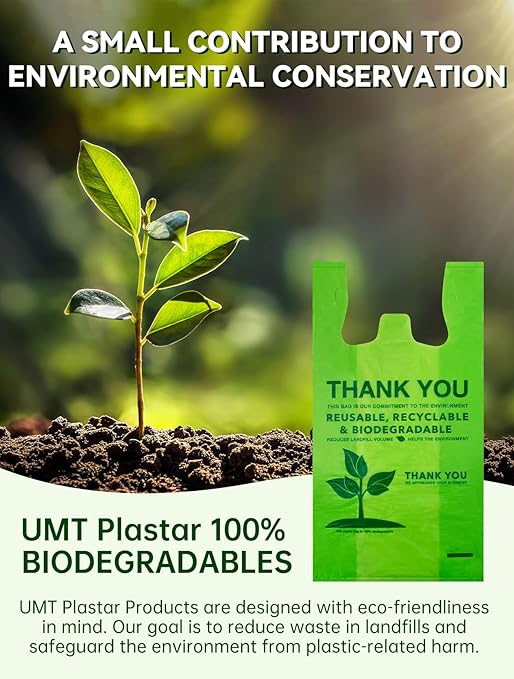 500 Count Recyclable Compostable 100% Biodegradable T-Shirt Bags, Eco-Friendly Grocery Shopping Bags, 11.5" x 6.25" x 21", 16 Mic