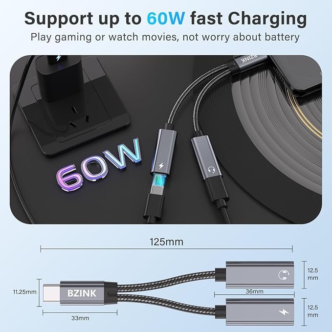 USB C Splitter, Dual USBC Headphone and Charger Adapter, 2-in-1 Type USBC Hi-Res DAC Adapter Audio Dongle Cable with PD 60W Fast Charging Cable for iPhone 16/15 Series & All USB-C Devices
