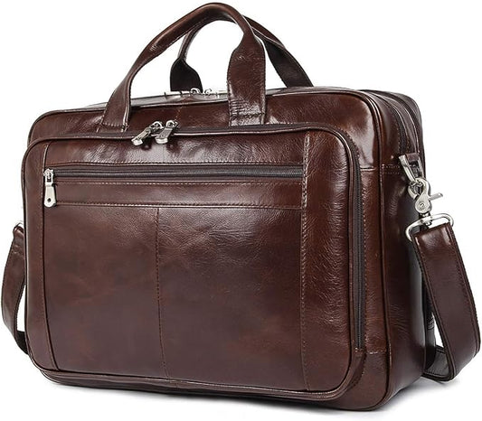 Augus Leather Briefcases for Men, Waterproof Travel Messenger Duffle Bags 17 Inch Laptop Bag YKK Zipper (cofee-1)