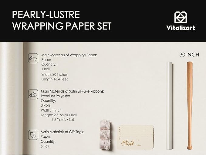 Vitalizart White Wrapping Paper Set 30" Pearly-Lustre With Silk Like Satin Ribbon & Gift Tags Recyclable Eco-Friendly Christmas Gift Wrapping Birthday Baby Shower Wedding Handmade Crafts 197"(16.4 Ft)