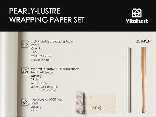 Vitalizart White Wrapping Paper Set 30" Pearly-Lustre With Silk Like Satin Ribbon & Gift Tags Recyclable Eco-Friendly Christmas Gift Wrapping Birthday Baby Shower Wedding Handmade Crafts 197"(16.4 Ft)