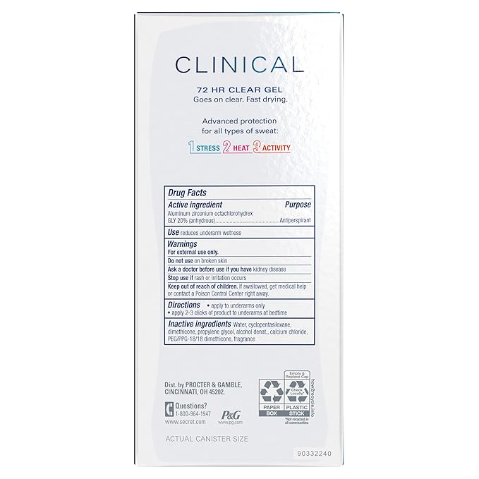 Secret Clinical Strength Antiperspirant Deodorant for Women, 3X Stress Protection, 72hr Sweat & Odor Protection, PH Balancing Minerals, Clear Gel, Completely Clean Scent, 2.6 oz