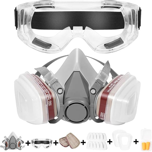 Respirator Mask, Half Face Cover Gas Mask with Safety Glasses Reusable Professional Breathing Protection, for Painting, Organic Vapor, Welding, Polishing, Woodworking and Other Work Protection