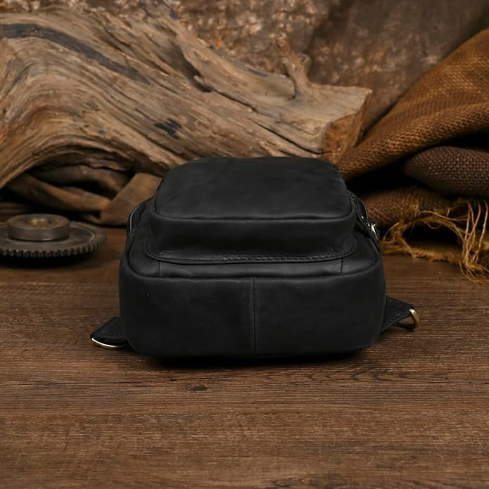 Le'aokuu Men Fashion Casual Tea Designer Travel Hiking Crossbody Chest Sling Bag Rig One Shoulder Strap Bag Men Leather 8015