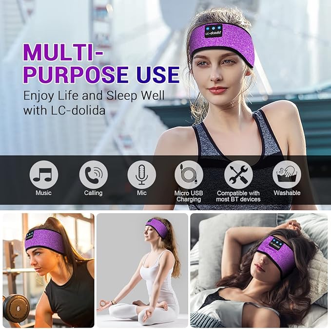 LC-dolida Sleep Headphones Bluetooth Headband Sleeping Wireless Headband Headphones with Thin HD Stereo Speakers Perfect for Side Sleepers, Sport, Yoga, Travel