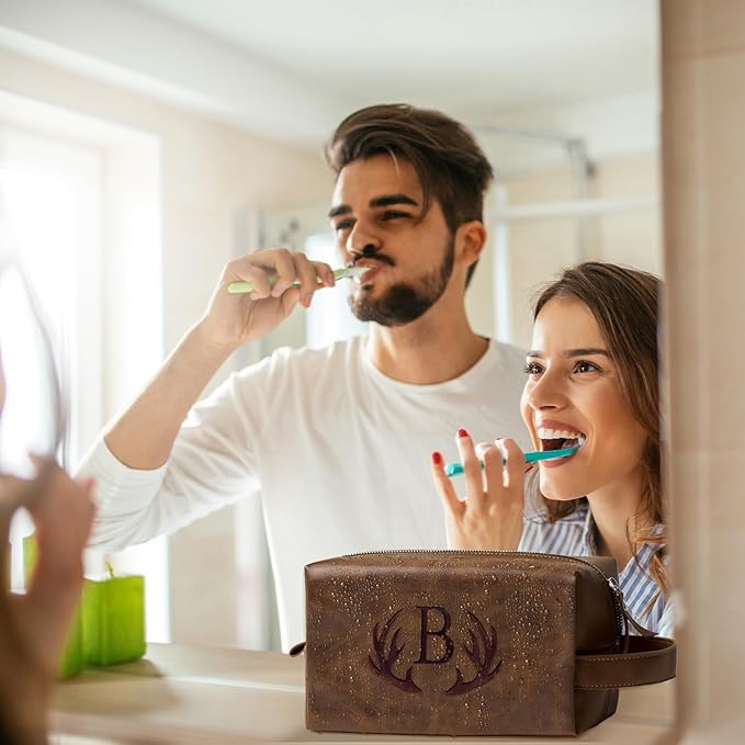 Unique Mens Toiletry Travel Bag Monogrammed Initial PU Leather Waterproof Shaving Bag for Toiletries Accessories Personalized Retirement Anniversary Thank You Gifts for Men Husband Him (R)