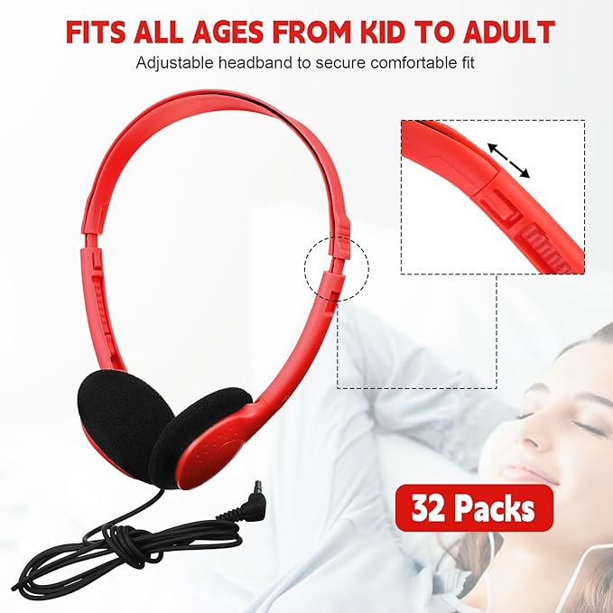 Konohan 30 Pack Kids Headphones Bulk for School Classroom Student Wired Headphones Adjustable with 3.5 mm Jack for Kids Adults(Red)