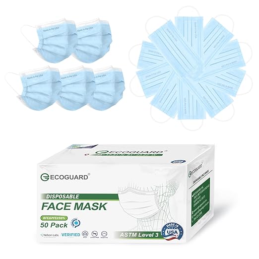 Disposable Face Masks Made in USA, 4 Ply for Families, Students, Breathable All-Day Wear & Safety, FSA HSA Eligible, ASTM Level 3 Medical Grade (50 Pack, Light Blue)