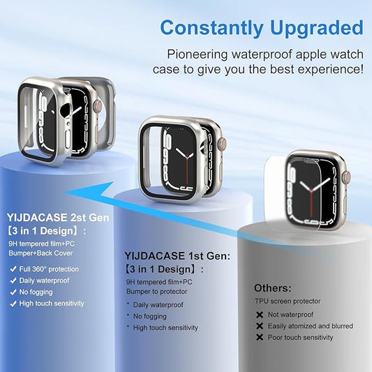 3 in 1 Waterproof Case for Apple Watch Screen Protector 41mm Series 9 8 7 Accessories Built-in Tempered Glass Film,Front and Back PC Hard Bumper 360° Protective Face Cover for iWatch 41mm