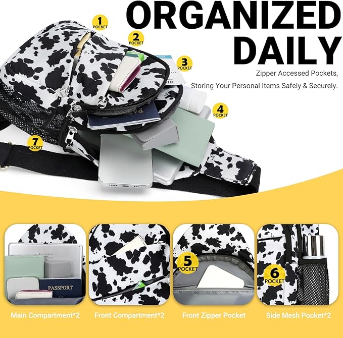 Crossbody Bags for Women, Sling Bag for Men, Small Hiking Backpack Anti Theft Lightweight for Outdoors Travel （L, Cow Print）