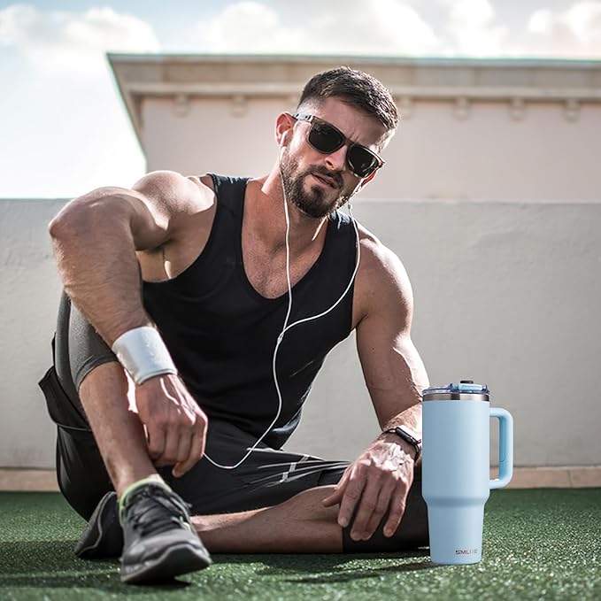 40 oz Tumbler with Handle and Straw Lid,Insulated Reusable Stainless Steel Water Bottle Travel Mug，Cupholder Friendly Double Wall Vacuum Sealed Cup (Sky Blue)