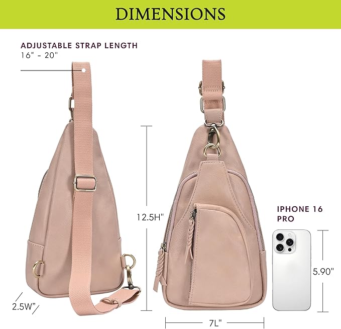 Antik Kraft Tasha Crossbody Sling (Rose) | Vegan Leather Crossbody Bag for Women with 16-20" Strap | Sling Bags for Women with Durable Antique Brass Hardware | 7in x 2.5in x 12.5in |