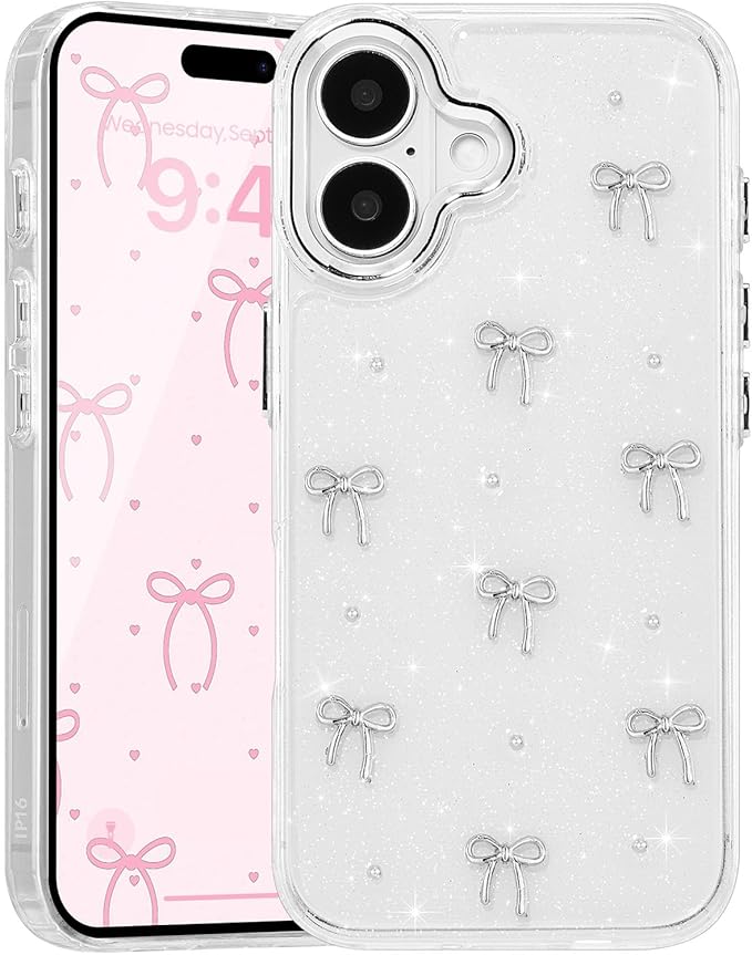 EYZUTAK Case for iPhone 16, Bling Glitter 3D Bowknot Phone Case Cute Sparkly Crystal Clear Bow Aesthetic Design Case Slim Soft Durable TPU Transparent Protective Cover for Women Girls - Bow