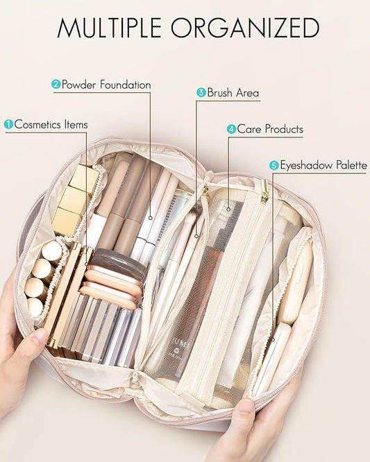 Vlando Makeup Bag,Large Capacity Toiletry Bag for Women Waterproof Portable Make up Pouch PU Leather Open Flat Cosmetic Bag(Apricot Pink)