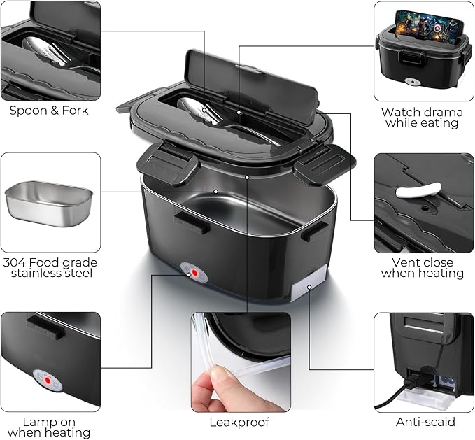 Electric Lunch Box For Adults, 80W Heated Lunch Box 1.5L Stainless Steel Heatable Lunchbox For Men, 12V/24V/110V Portable Food Warmer For Car Truck Work，Electric heating lunch box