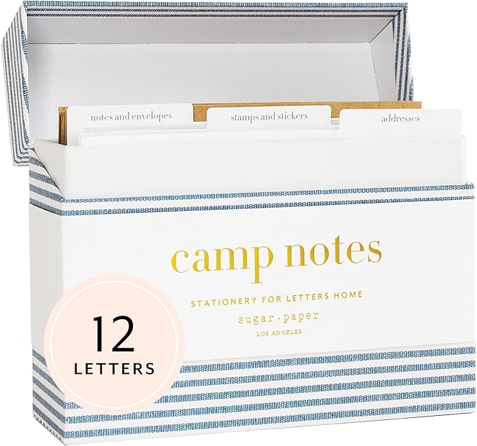 Sugar Paper Camp Notes Set, 12 Prompted Notes with Envelopes and Decorative Stickers, 6.25" x 2" x 5" Storage Box with Dividers, Letters From Camp