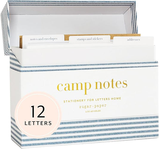 Sugar Paper Camp Notes Set, 12 Prompted Notes with Envelopes and Decorative Stickers, 6.25" x 2" x 5" Storage Box with Dividers, Letters From Camp
