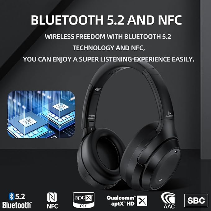 SoundMAGIC P60BT Audiophile Headphone Wireless Bluetooth HiFi Stereo Sound Best Over-Ear Music Headset with Active Noise Cancelling, HD MIC, Touch Sensitive Control, 50 Hours Playing Time, Black