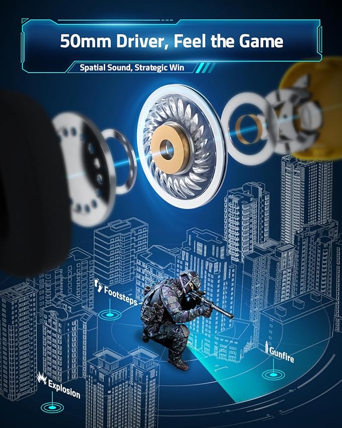 Wireless Gaming Headset for PC, PS5, PS4, Mac, Switch, 2.4GHz USB Dongle Wireless Gaming Headphones with Microphone, Bluetooth 5.4, 50mm Driver, Stereo Sound, Cool Lighting, 50H Battery-Yellow