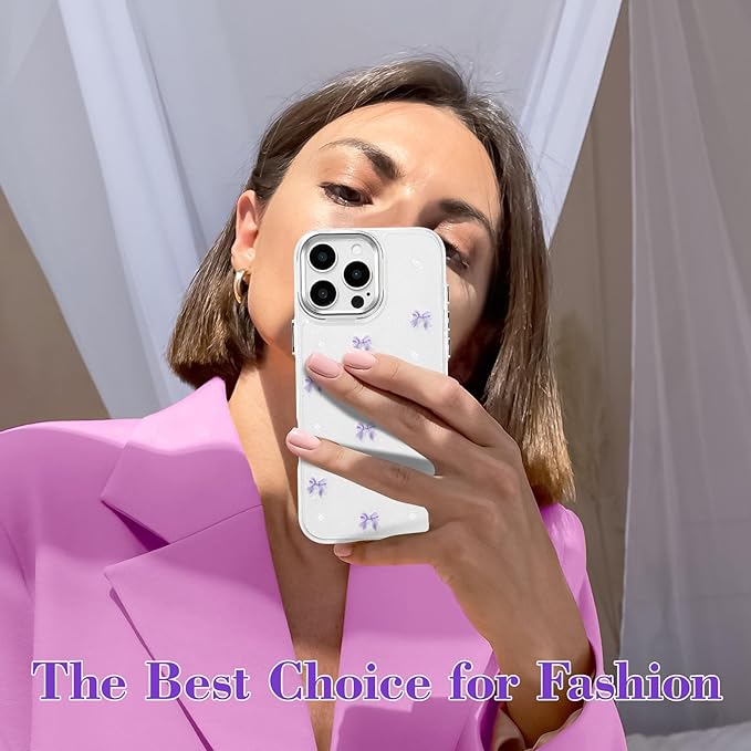 EYZUTAK Case for iPhone 16 Pro Max, Bling Glitter 3D Bowknot Phone Case Cute Sparkly Crystal Clear Bow Aesthetic Case Slim Soft Durable TPU Transparent Protective Cover for Women Girl-Purple Bow