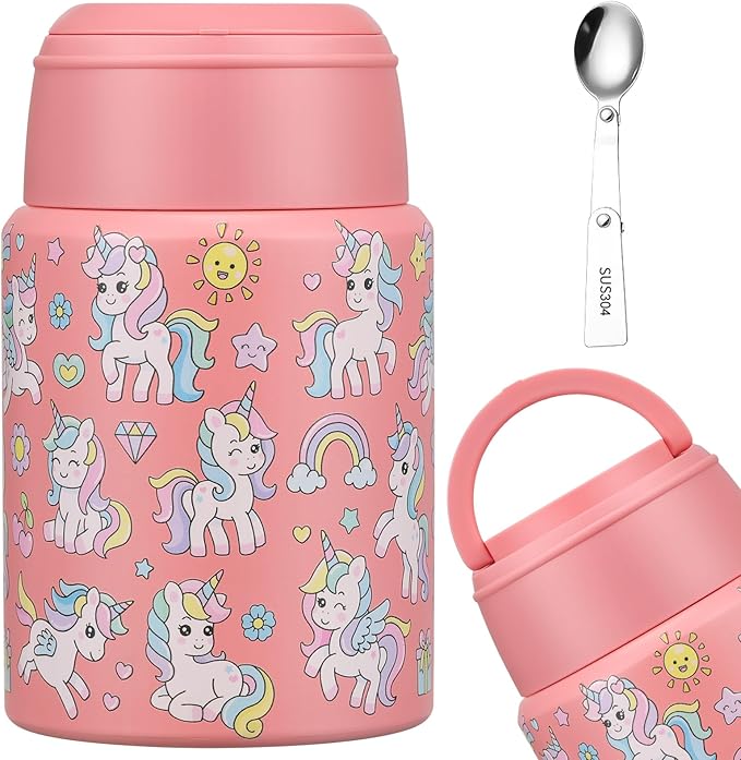 17oz Soup Thermo for Hot Food Kids Insulated Food Jar,Thermo Hot Food Lunch Container, Width Mouth Stainless Steel Lunch Box for Kids with Handle Folding Spoon (Pink-Unicorn)