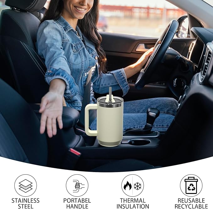 30 oz Tumbler with Handle,Tumbler with Lid and Straw,Double Wall Insulated Cup Stainless Steel Travel Mug(Cold for 34 Hours),Water Bottle for Iced Tea,Coffee,Cold Beverages(Cream White)