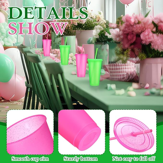 Honeydak 30 Pack Tumbler with Straw and Lid Bulk Glitter Plastic Cups Water Bottle Iced Coffee Travel Mug Reusable Party Favor Cups for Birthdays travel 24-27 oz (Pink and Green)