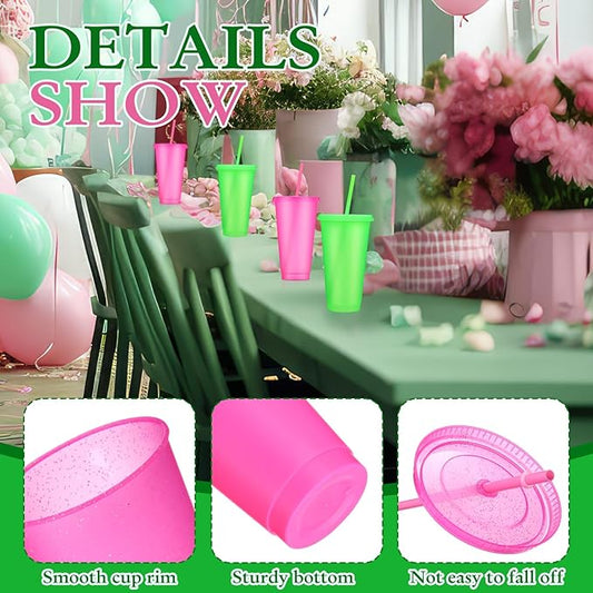 Honeydak 30 Pack Tumbler with Straw and Lid Bulk Glitter Plastic Cups Water Bottle Iced Coffee Travel Mug Reusable Party Favor Cups for Birthdays travel 24-27 oz (Pink and Green)