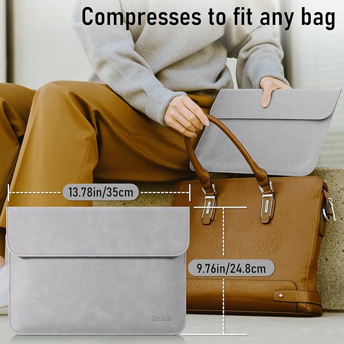 Allinside 13 Inch Laptop Sleeve Case for MacBook Air 13 2018-2025/MacBook Pro 13 2016-2022/Macbook Pro 14 2021-2024, Waterproof PU Leather Horizontal Envelope Protective Case Cover, Gray