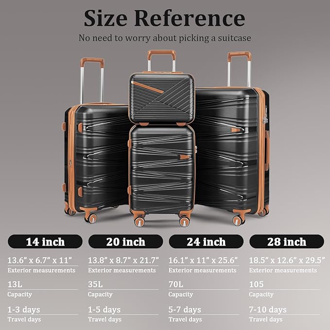 4-Piece Expandable Hardshell Luggage Set with TSA Lock (14/20/24/28) - Lightweight PP Suitcases, 360° Silent Spinner Wheels and Durable 100LB Handle for Air Travel (Black)