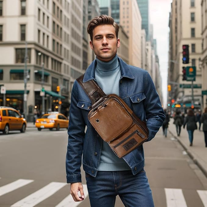 Vintage PU Leather Sling Backpack for Men, Crossbody Bag, Adjustable Shoulder Strap, Compact Backpack for Travel, Daily Use, and Gift, Light Brown