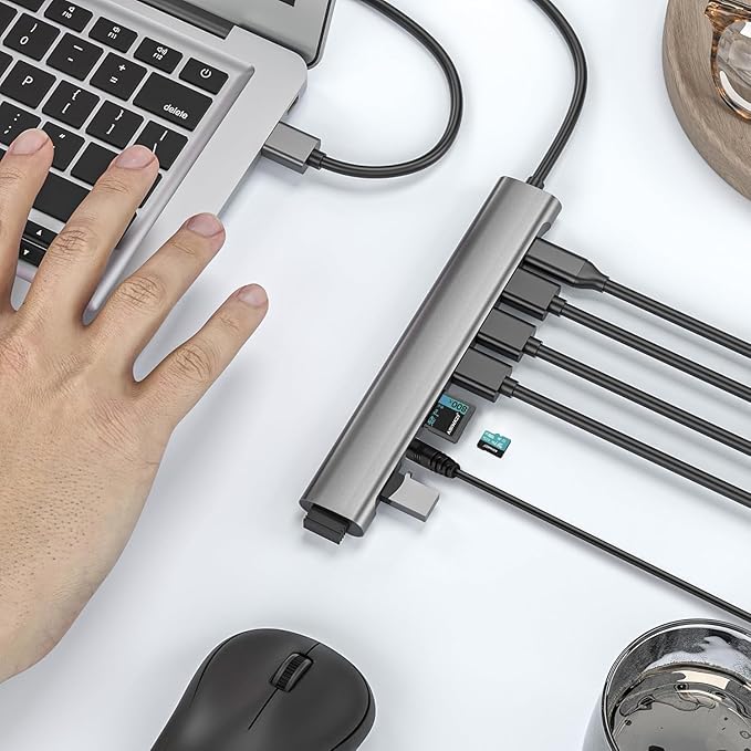 USB Hub Long Cable, 9 Ports USB 3.0 Adapter with 4 USB 3.0 Data Ports,SD/TF Card Slot,3.5mm Jack,USB-C Data,USB Splitter with USB C 5V/3A Power Port, 47IN/120CM Main Cable for Laptop PC