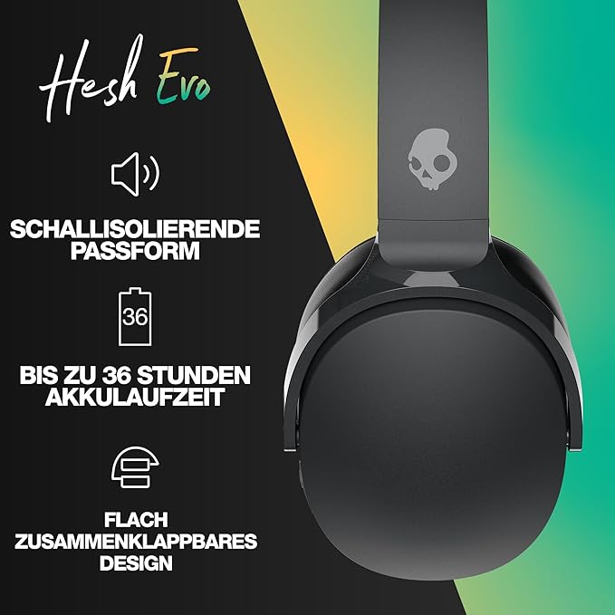 Skullcandy Hesh Evo Wireless Over-Ear Bluetooth Headphones with Charging Cable, Noise Isolating, Up to 36 Hours Battery, Foldable Lightweight Design, Microphone for iPhone Android - True Black