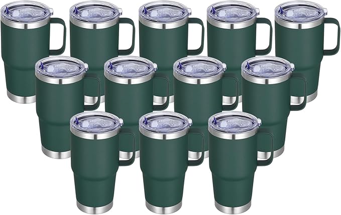 20 oz Stainless Steel Tumbler with Handle Bulk Metal Insulated Tumblers Travel Coffee Mug with Handle Double Wall Tumbler Cup with Lid and Straw, New Dark Green 12 Pack
